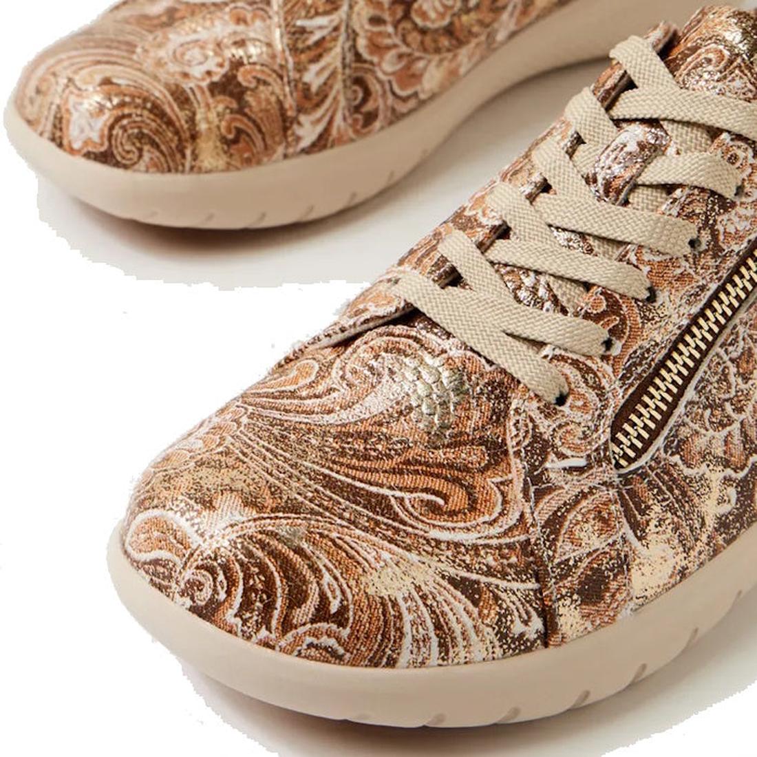 Close-up of Ziera Solar XW Women's Casual Sneaker in Chocolate Gold Paisley brown leather with beige laces, high arch support, and a side zipper, displayed on a plain white background., 51033, 4434755528438, 4434755528452, 4434755528476, 4434755528490, 44