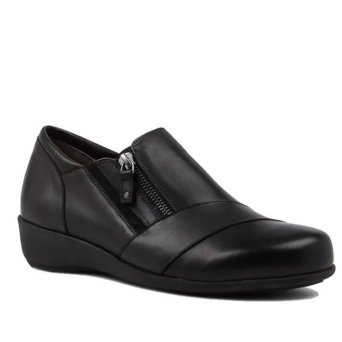 The Ziera Sage XF Women's Wedge Heel Shoe in black leather features a low wedge heel, high arch support, and a side zipper closure, displayed against a white background.
