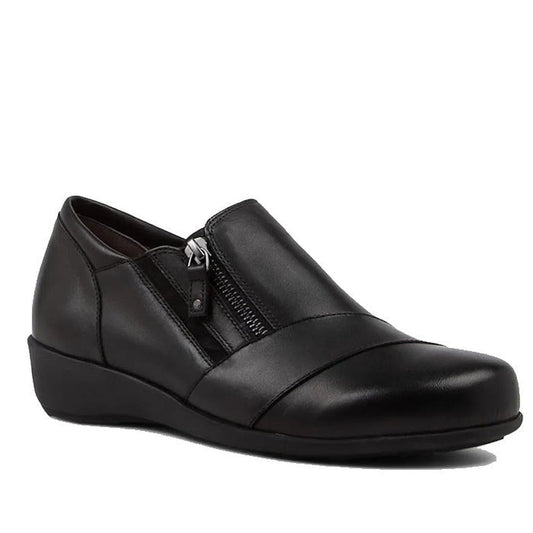 The Ziera Sage XF Women's Wedge Heel Shoe in black leather features a low wedge heel, high arch support, and a side zipper closure, displayed against a white background.