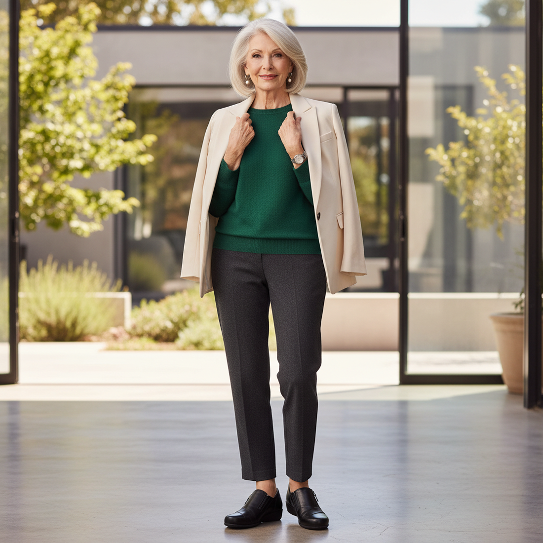 A stylish older woman stands confidently indoors, wearing a cream blazer, green top, gray pants, and Ziera Sage XF Women's Wedge Heel Shoe in black leather. She smiles gently in a modern space with large windows and greenery outside., 9355342543724, 93553