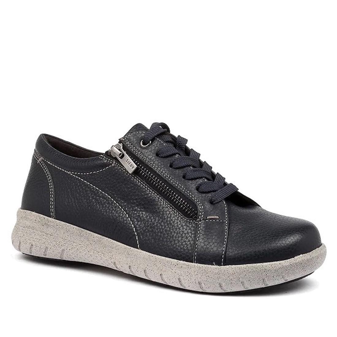 The Ziera Solar XW Women's Casual Sneaker in ink blue leather features a textured upper, side zipper, black laces, and a thick light gray sole—an extra wide fit for all-day comfort in stylish women’s casual sneakers.