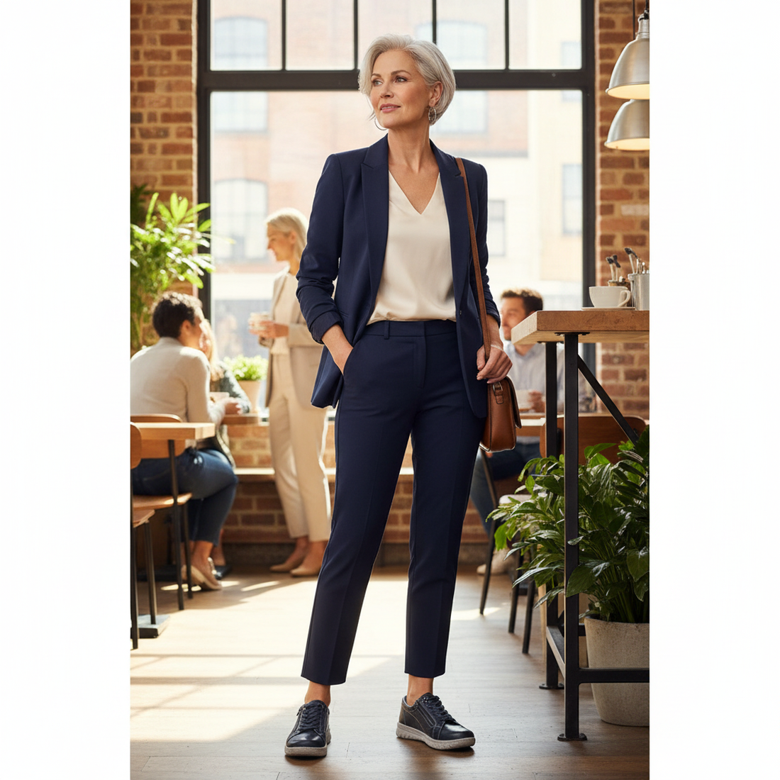 A confident older woman in a navy suit and Ziera Solar XW Women's Casual Sneaker Zip Ink Blue Leather stands in a stylish café, hands in pockets. Sunlight streams through large windows as people chat, enhancing the modern, relaxed atmosphere around her., 