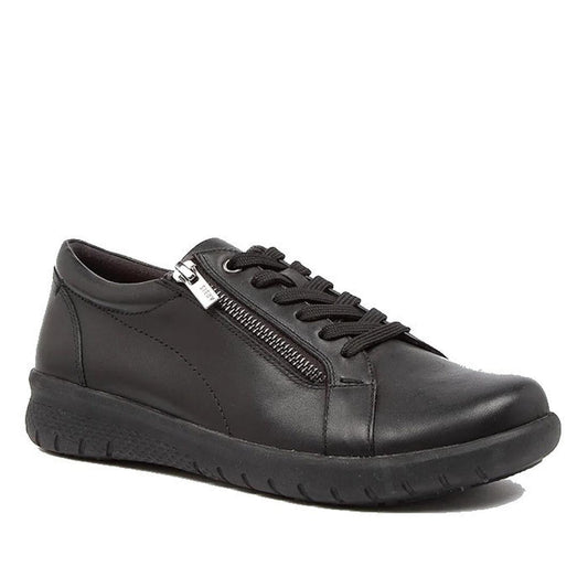The Ziera Solar XW Women's Casual Sneaker Zip Black Leather is an extra wide black leather sneaker with a lace-up front, side zipper, textured rubber sole, and low heel for all-day comfort.