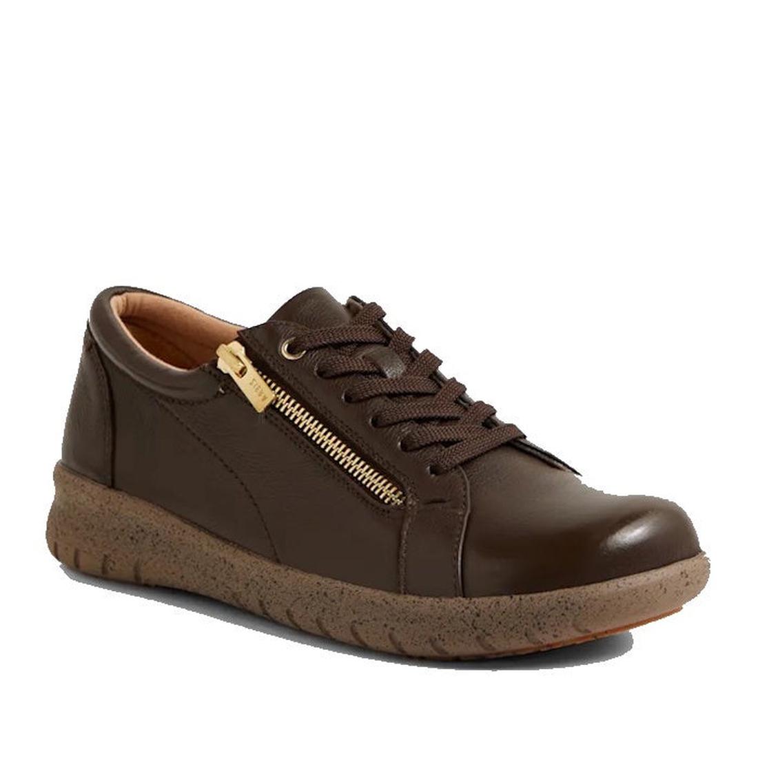 The Ziera Solar XW Women's Casual Sneaker in chocolate brown leather features matching laces, a gold side zipper, a textured sole, and high arch support for all-day comfort.