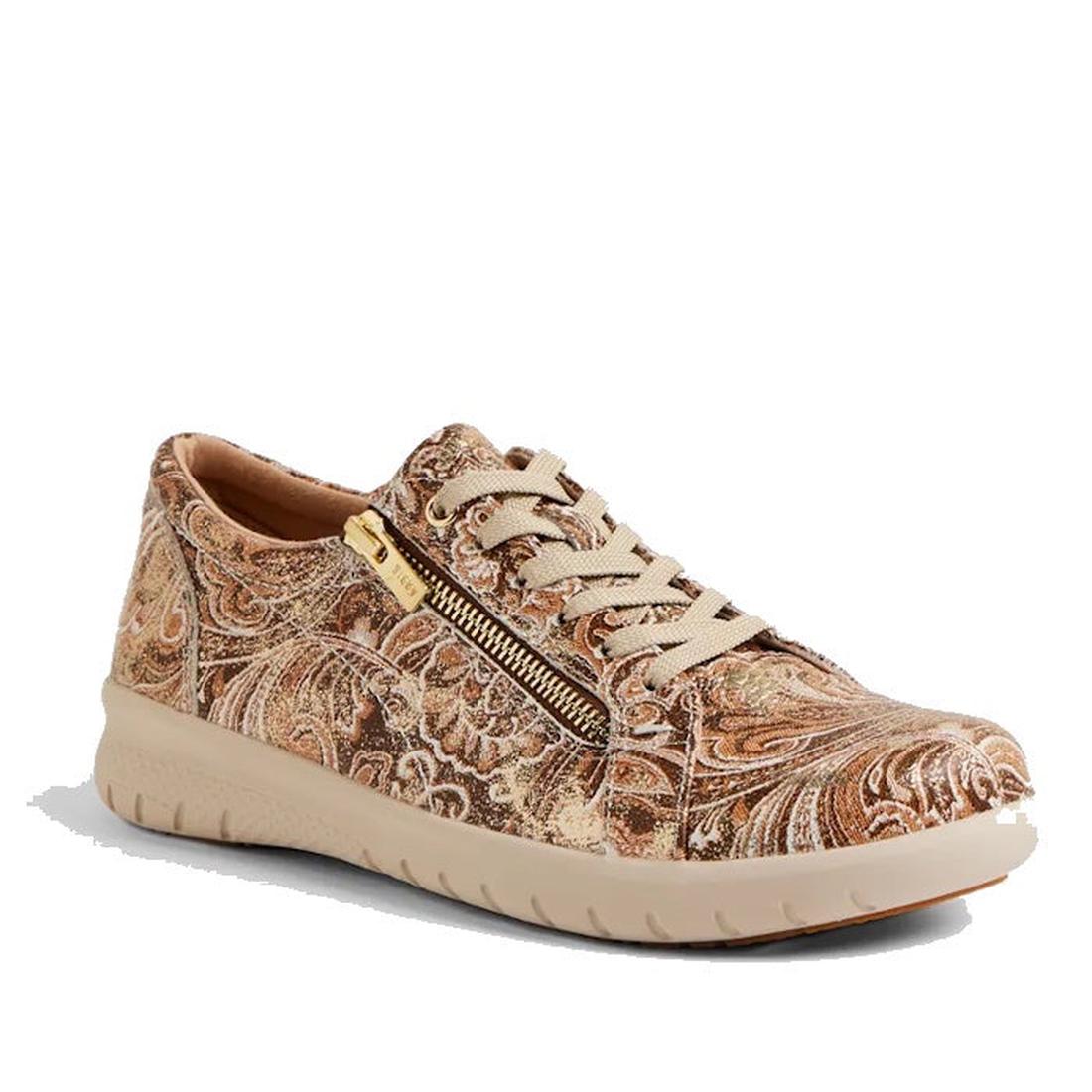 The Ziera Solar XW Women's Casual Sneaker features a chocolate gold paisley brown leather upper, side zipper, tan laces, beige sole, and offers high arch support plus an extra wide fit for added comfort.