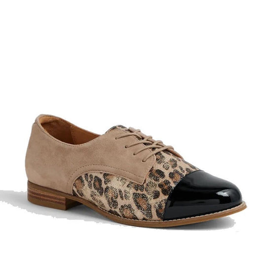 The Ziera Tobin XF Women's Flat Brogue in Black Taupe Leopard features beige suede, leopard print sides, a black patent leather cap toe, extra wide fit, low wooden heel, beige laces, and all-day comfort.