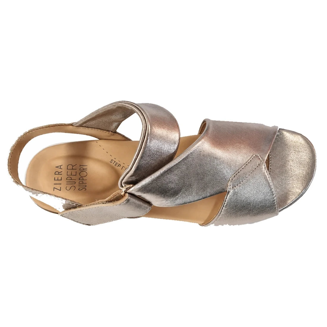 Ziera Nazly2 Platino Gold White XW Women’s Leather Sandal featuring metallic gold and white leather, wide crisscross straps, a closed back, and an adjustable Velcro ankle strap. The insole displays “Ziera Super Support,” providing high arch support and a 