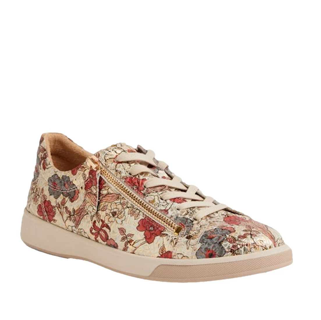 The Ziera Aito XF Women’s Casual Sneaker Zip Red Floral Print features beige leather with red and blue floral patterns, beige laces, and a convenient side zipper. Displayed on a white background, these sneakers are designed with high arch support for adde