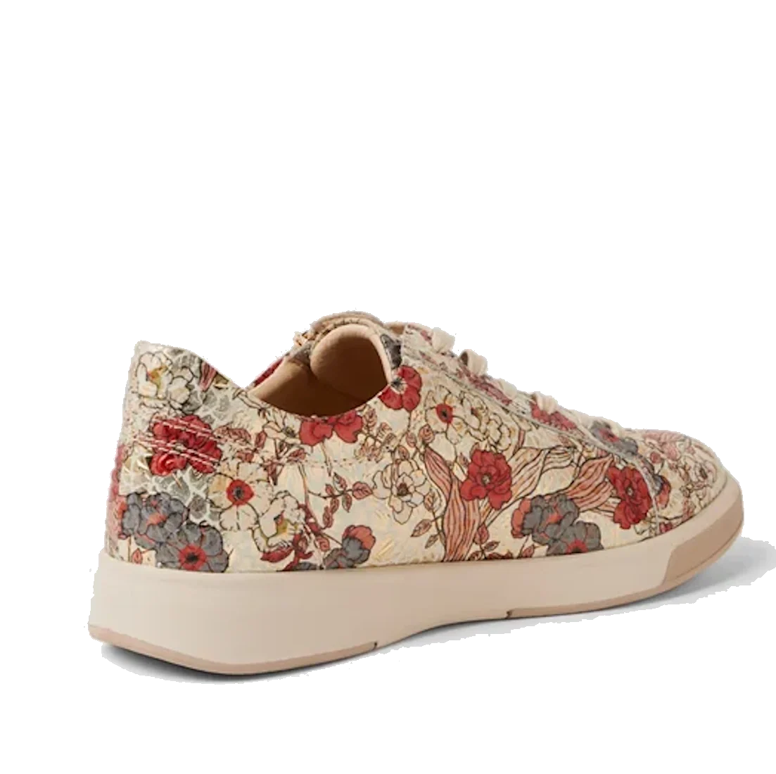 The Ziera Aito XF Women’s Casual Sneaker Zip in Red Floral Print features cream-colored leather accented with a red and gray floral design, a beige sole, and white laces. Designed with high arch support, the sneaker is shown from the back left side agains