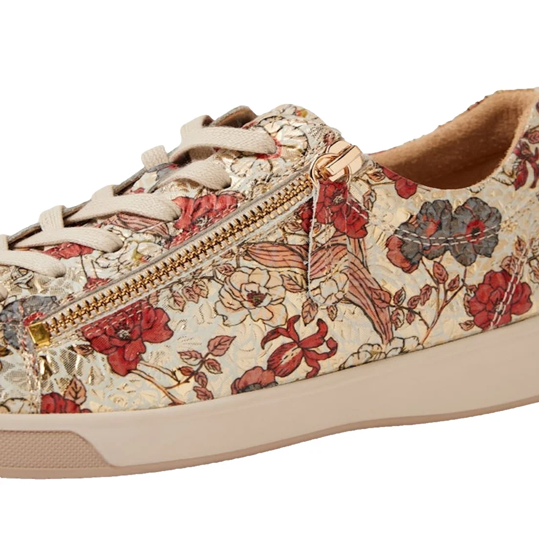 The Ziera Aito XF Women’s Casual Sneaker Zip in Red Floral Print features cream-colored leather accented with a red and beige floral pattern, a gold side zipper, beige laces, and intricate stitched detailing. Designed with extra width and high arch suppor
