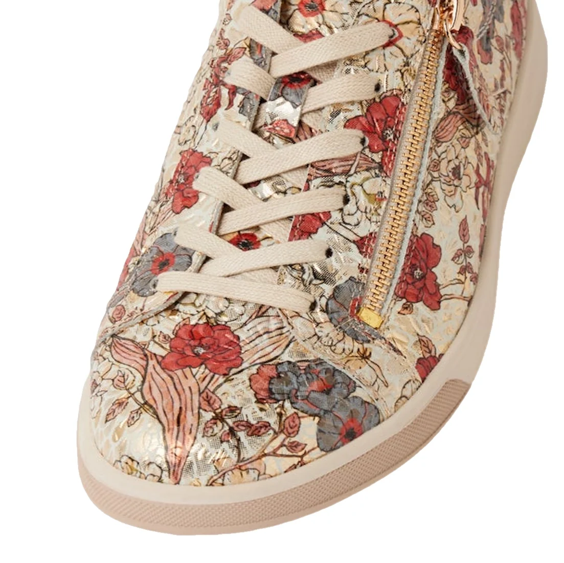 A close-up of the Ziera Aito XF Women’s Casual Sneaker Zip in Red Floral Print, featuring an extra wide fit, cream laces, a side zipper, and a red, gray, and pink floral pattern on a white background., 54315, 9361118069305, 9361118069312, 9361118069329, 9