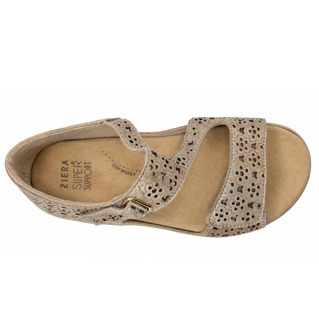 Ziera Bizza Pale Gold XW Women’s Leather Sandal featuring pale gold leather with laser-cut floral patterns, an ankle strap with buckle closure, and a cushioned Ziera Super Support footbed designed for high arch support, shown from above against a white ba