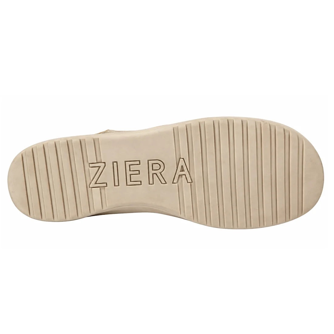 Beige shoe sole with deep horizontal grooves and the word ZIERA embossed in the center, featured on the Ziera Bizza Pale Gold XW Womens Leather Sandal, designed to provide high arch support for enhanced comfort.