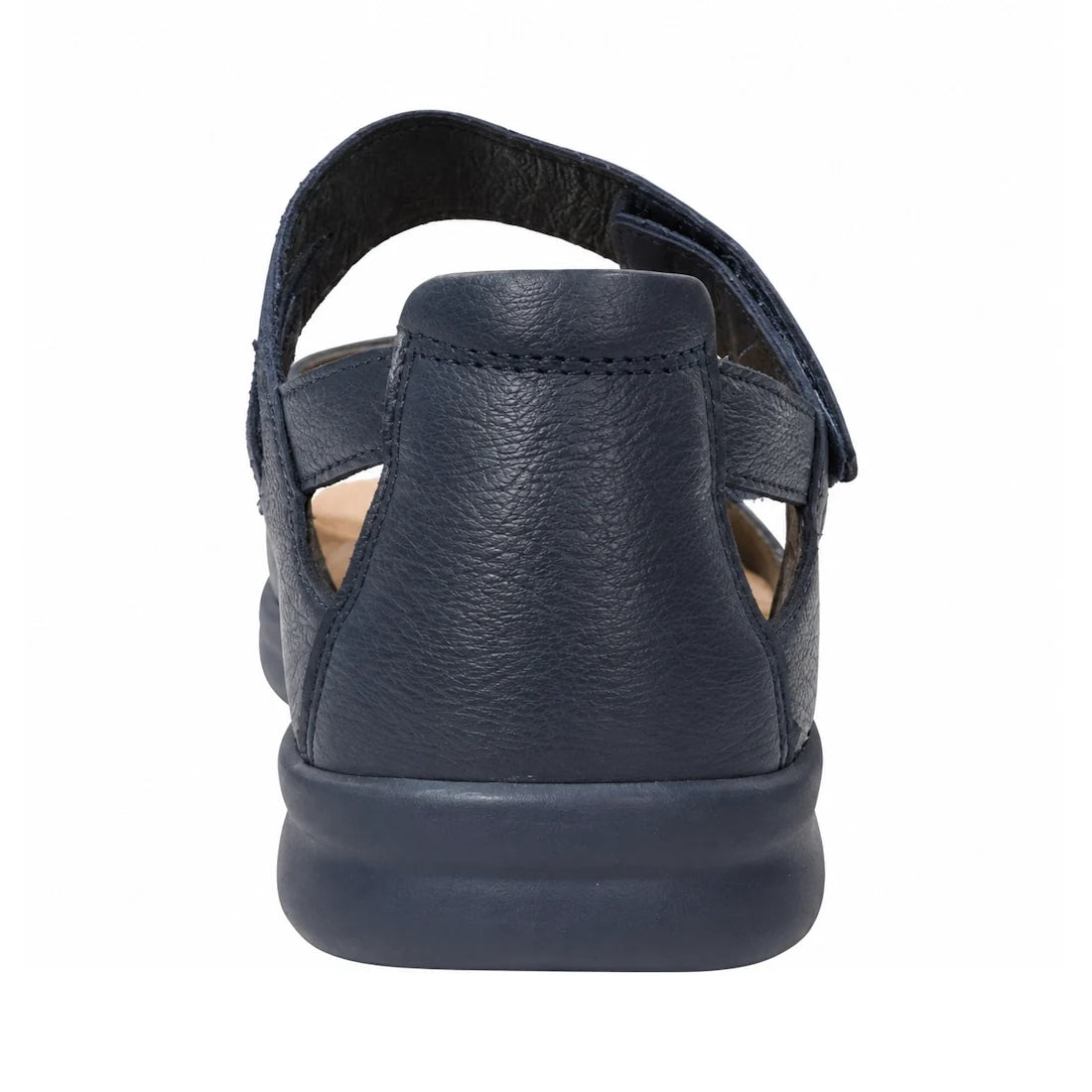 Rear view of the Ziera Bopen Navy XW Women’s Leather Closed Back Sandal, featuring a cushioned sole, open sides, Velcro strap, closed heel, and an extra wide fit for enhanced comfort.