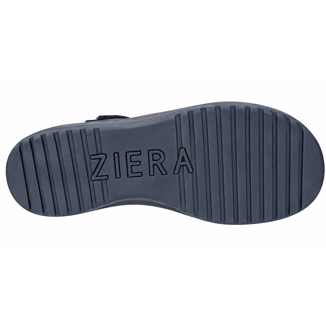The sole of the Ziera Bopen Navy XW Women’s Leather Closed Back Sandal, with the word “ZIERA” engraved in the center, features horizontal grooves for traction and is designed for an extra wide fit.