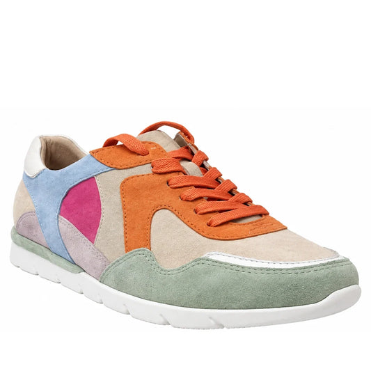 Ziera Joneso Bright Multi XW womens suede sneakers in a multi-colored low-top style, featuring an extra-wide fit, orange laces, and a white rubber sole.