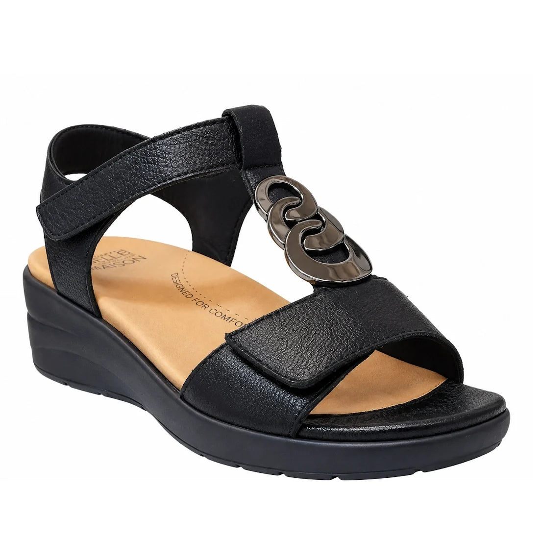 Experience all-day comfort and style with the Ziera Navvon Black XW Womens Leather Slingback Sandal—this black open-toe wedge features a thick heel strap, a metallic chain accent on the upper, and a tan cushioned insole. Crafted from casual leather with e
