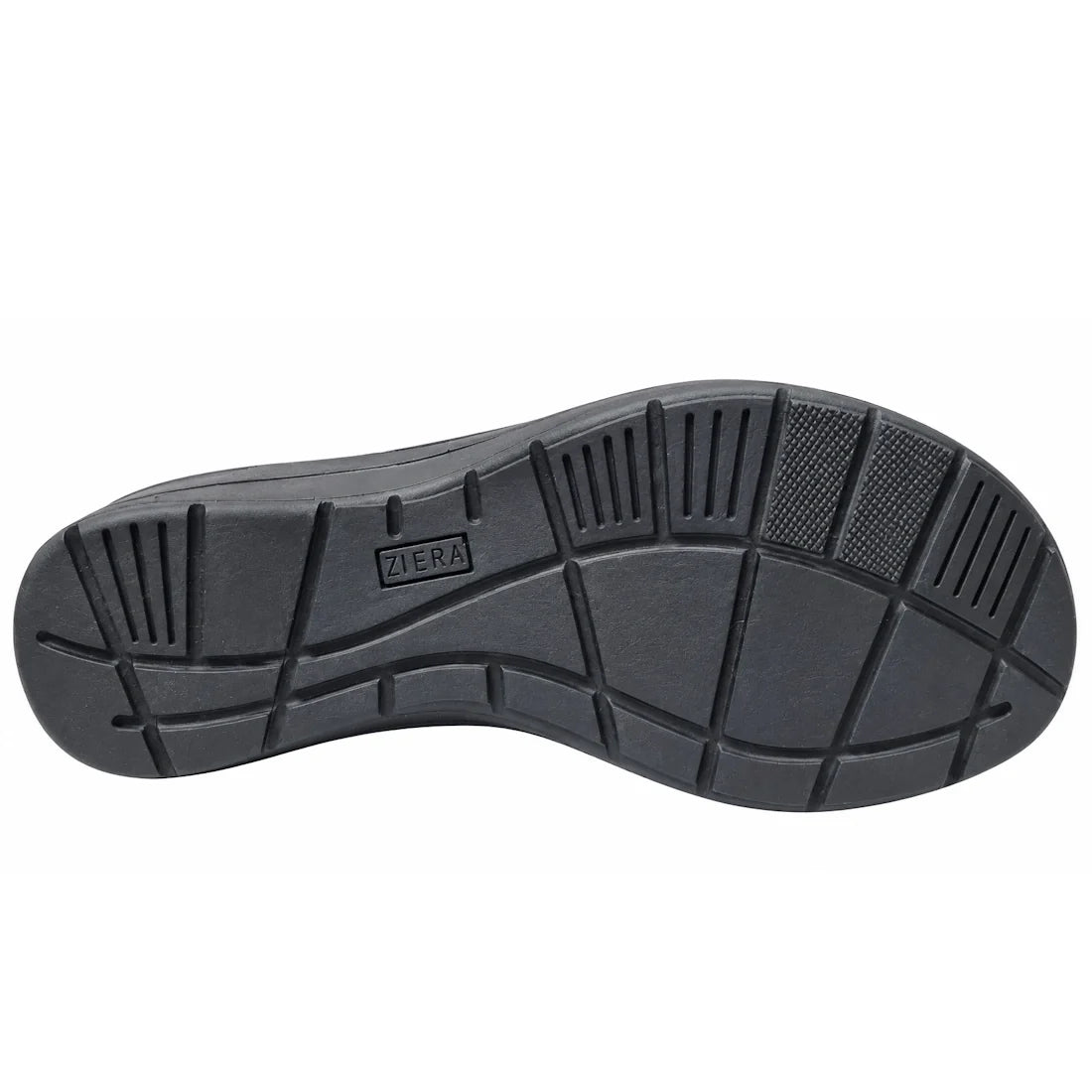 The Ziera Navvon Black XW Women’s Leather Slingback Sandal features a black rubber sole with textured tread patterns, including horizontal and vertical grooves, squares, and rectangles. The Ziera brand is embossed in the center of the sole. Engineered for