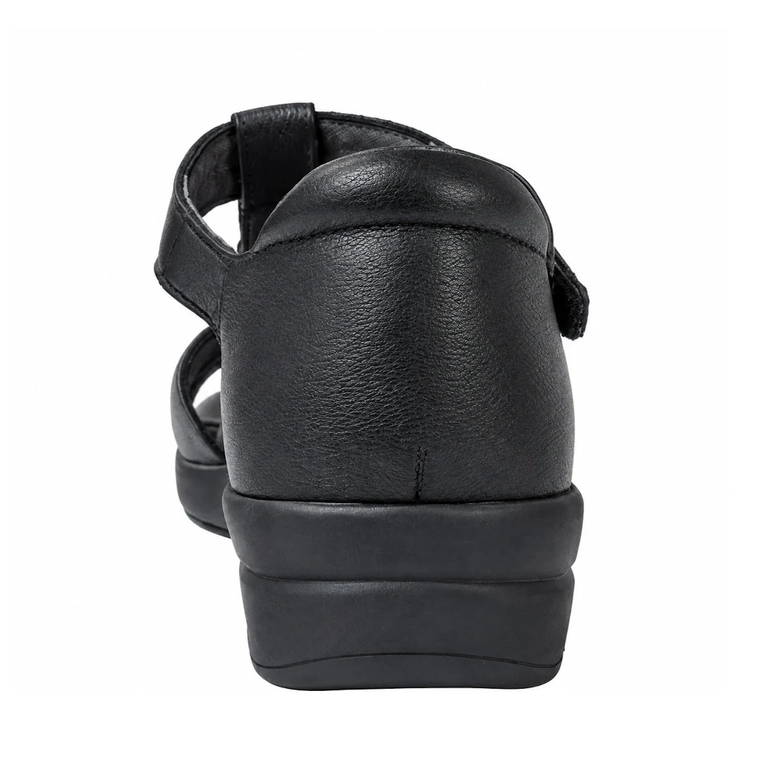 Back view of the Ziera Nextime Black Leather Womens Sandal with Closed Back XW, featuring an open toe, low wedge heel, adjustable strap, wide fit design, and orthotic compatibility, shown against a white background.