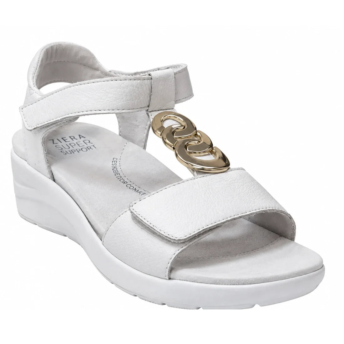 Introducing the Ziera Nextime White Womens Leather Sandal XW Closed Back: a stylish white sandal featuring a supportive wedge heel, adjustable straps, and a chic gold decorative chain on the upper strap. Designed for both comfort and style, it boasts a Zi