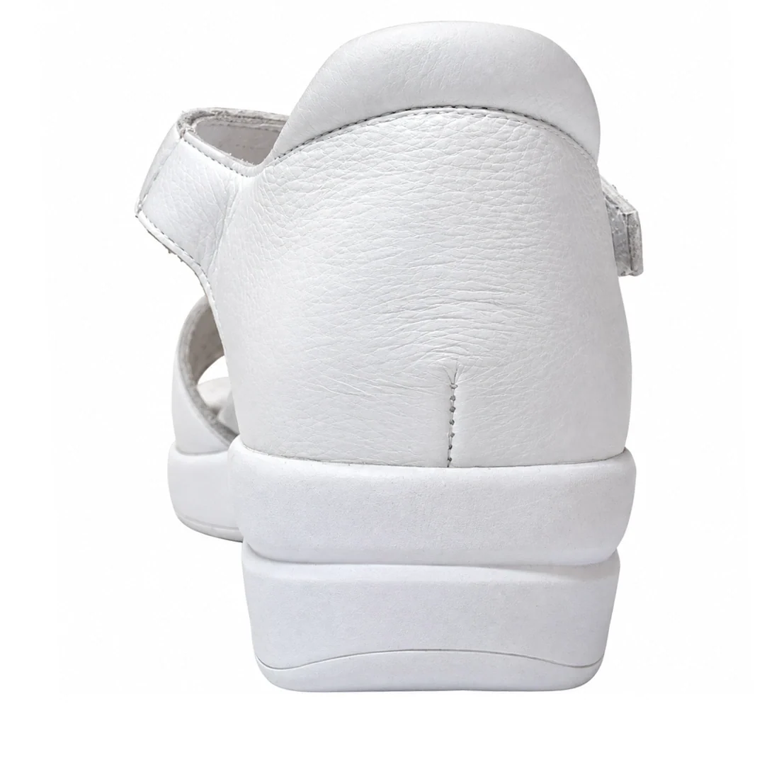 Back view of the Ziera Nextime White Womens Leather Sandal XW Closed Back, crafted in white leather with a low wedge heel and a hook-and-loop strap on the left side, shown against a white background. Designed for extra wide fit comfort and orthotic compat