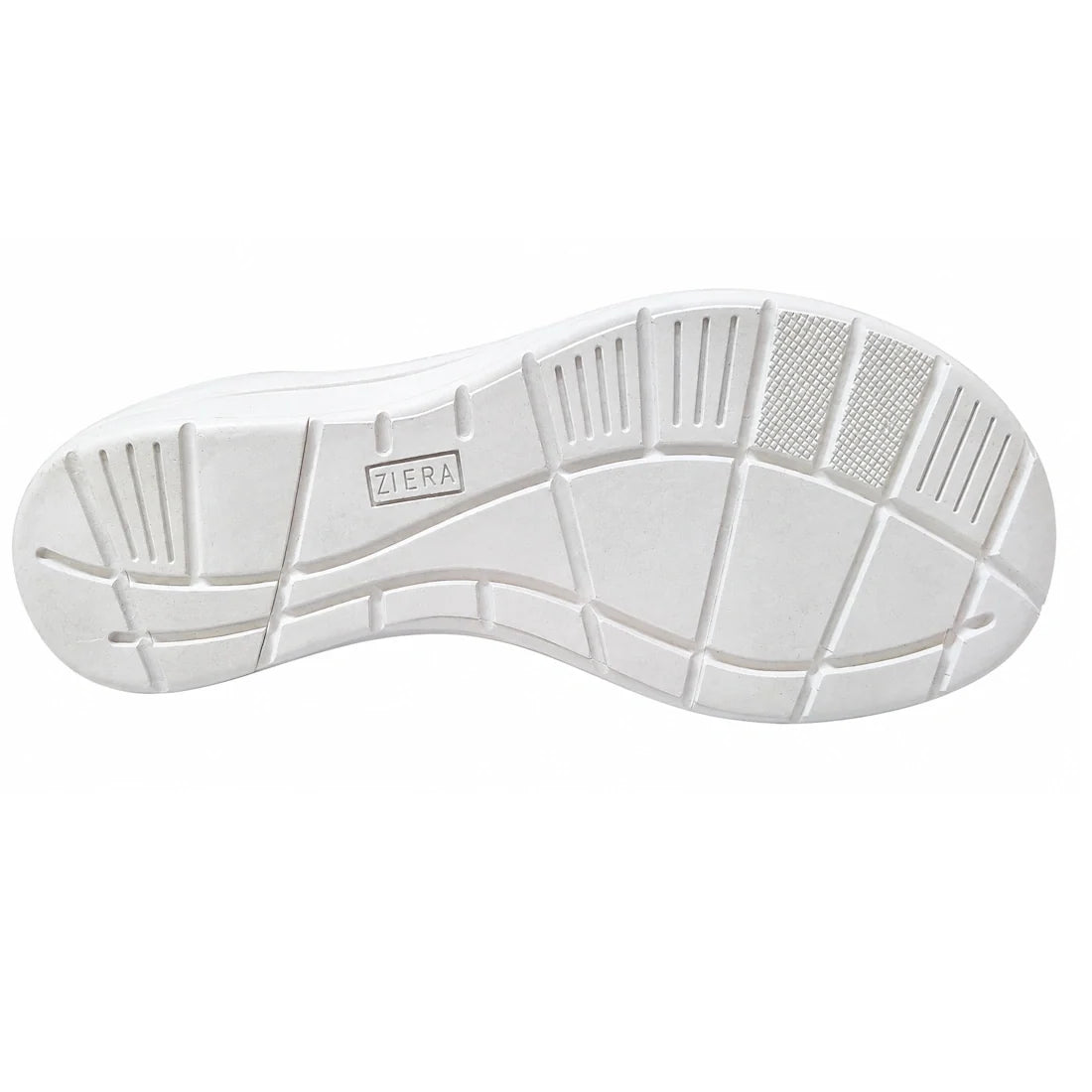 Experience exceptional comfort and stability with the Ziera Nextime White Womens Leather Sandal XW Closed Back. This sandal features a white rubber sole with assorted textured patterns and grooves for reliable grip, along with the ZIERA brand name embosse