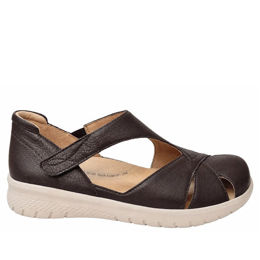 Ziera Sabielle XF Womens Flat Shoe/Sandal Chocolate: dark brown leather flat sandals with high arch support, cutouts, an adjustable hook-and-loop strap, and a beige textured sole.