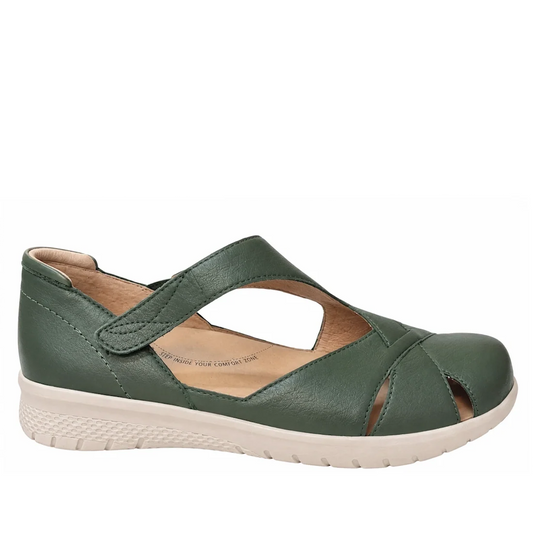 Ziera Sabielle XF Womens Leather Shoe/Sandal Khaki olive green closed-toe sandals with high arch support, a hook-and-loop strap, and a textured off-white sole.