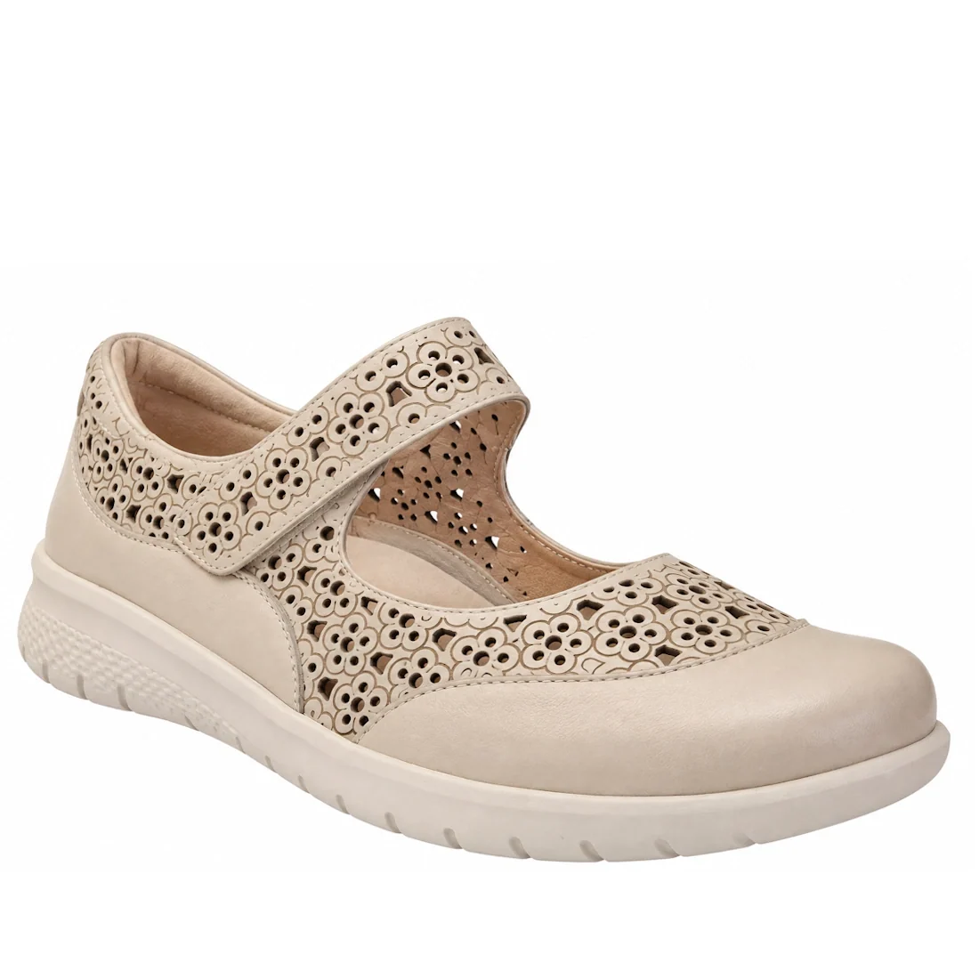 The Ziera Sanelle XF Almond Women’s Leather Summer Mary Janes feature elegant flower cut-outs, a convenient Velcro strap, and a white textured sole. Designed for an extra wide fit and superior comfort, these casual sneakers offer high arch support—making 