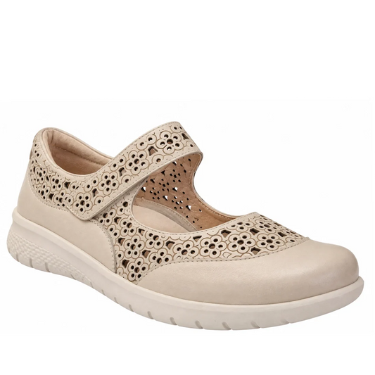 The Ziera Sanelle XF Almond Women’s Leather Summer Mary Janes feature elegant flower cut-outs, a convenient Velcro strap, and a white textured sole. Designed for an extra wide fit and superior comfort, these casual sneakers offer high arch support—making 