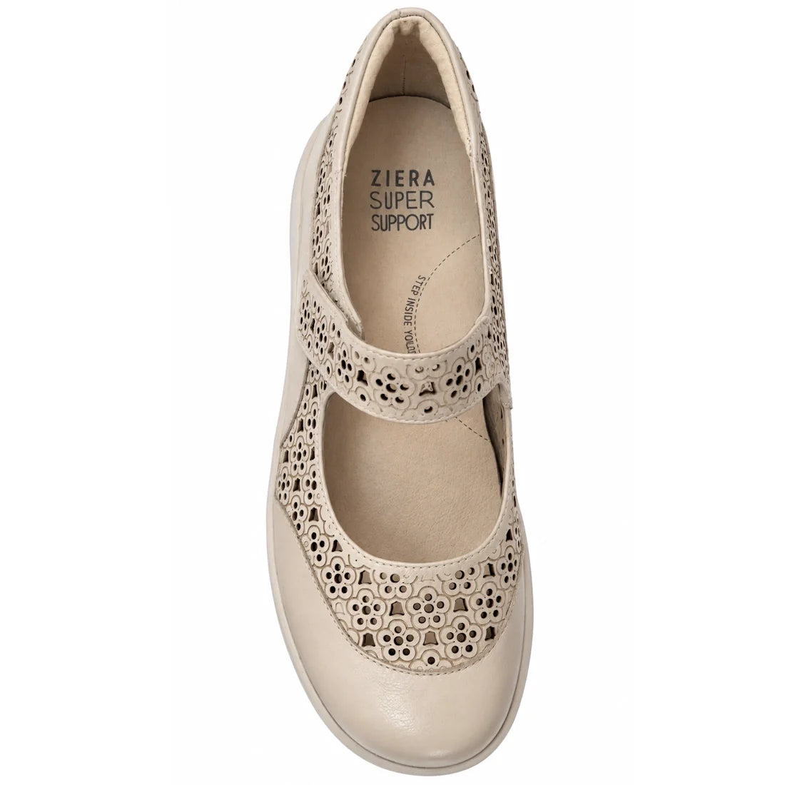 A single Ziera Sanelle XF Almond women’s leather summer Mary Jane shoe is shown from above on a plain white background, featuring a beige color with floral cut-outs and a Velcro strap for closure, designed with high arch support., 54099, 54100, 4434748817
