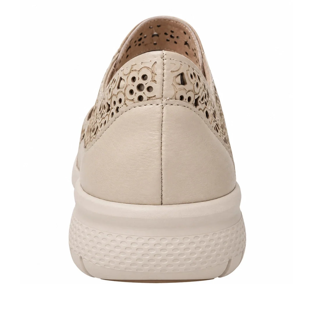 Rear view of the Ziera Sanelle XF Almond women’s leather Mary Janes, featuring a beige upper with floral cut-out detailing and a textured white sole, designed to provide high arch support., 54099, 54100, 4434748817297, 4434748817303, 4434748817310, 443474