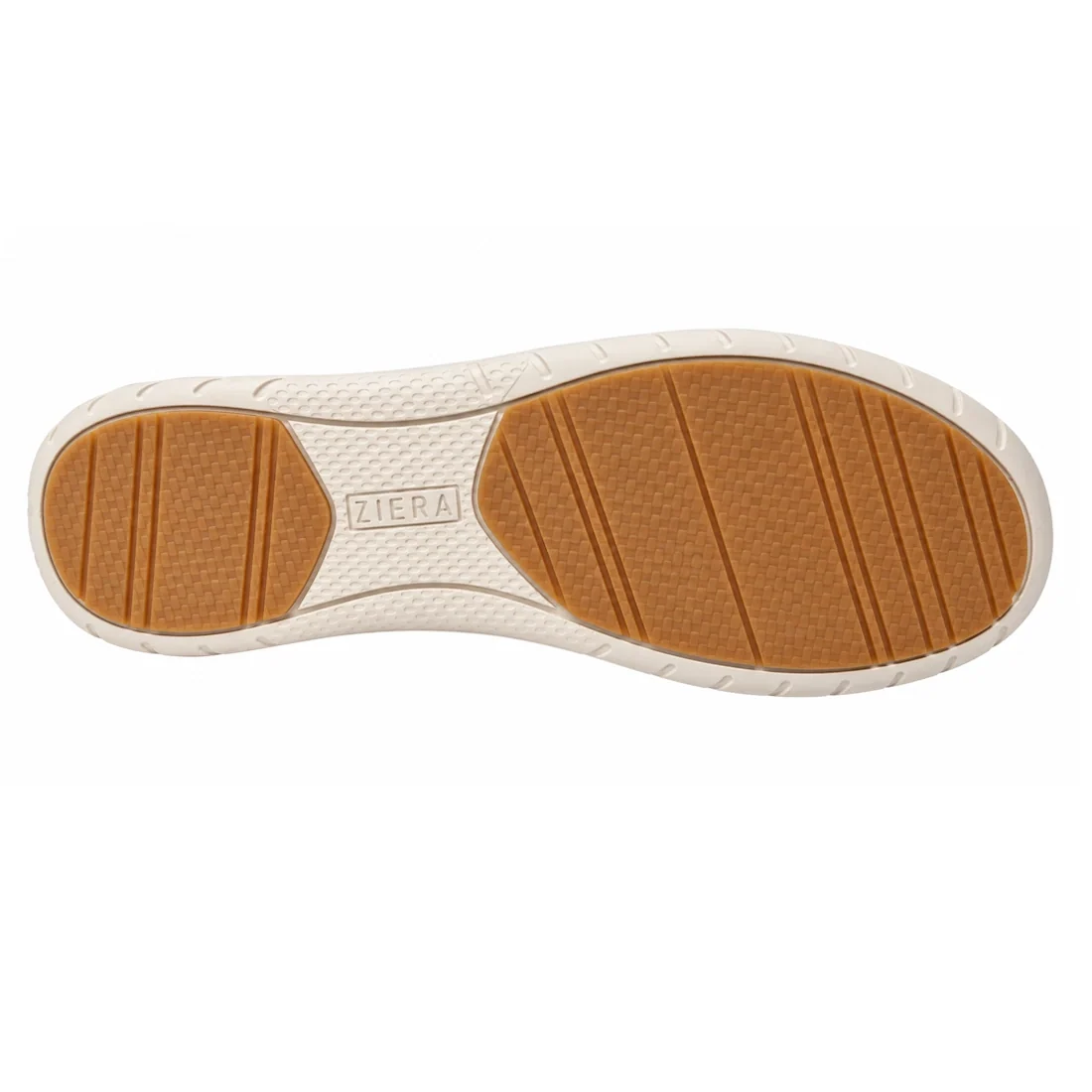 The image shows the sole of the Ziera Sanelle XF Almond Women’s Leather Summer Mary Janes with flower cut outs. The outsole is light brown with white edges and features textured and grooved patterns for grip, offering both style and high arch support, wit