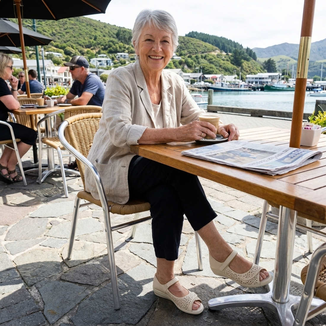 Woman sitting at an outdoor cafe table with a scenic waterfront view. waering Ziera Daffodil Sandals in ALmond Off white closed back sanalds with open toes, cut outs on the leather and velcro fastening over the toes., 49093, 49094, 9351017754167, 93510177