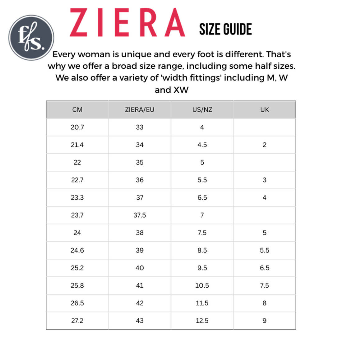 The Ziera size guide for the Sage XF Women's Wedge Heel Shoe in Black Leather Zip displays foot length (cm), Ziera/EU, US/NZ, and UK sizes, with extra wide fit options. A note highlights high arch support and each foot’s uniqueness at the top., 9355342543